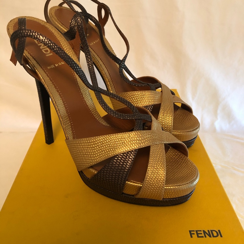 Fendi platform heels in muted brown n muted gold.